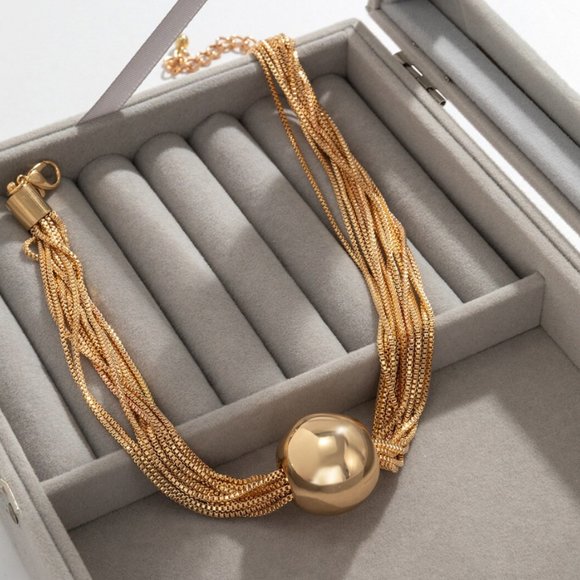 Gold Twisted Multi Chain Exaggerated Sphere Ball Statement Choker Necklace NEW - Picture 4 of 9
